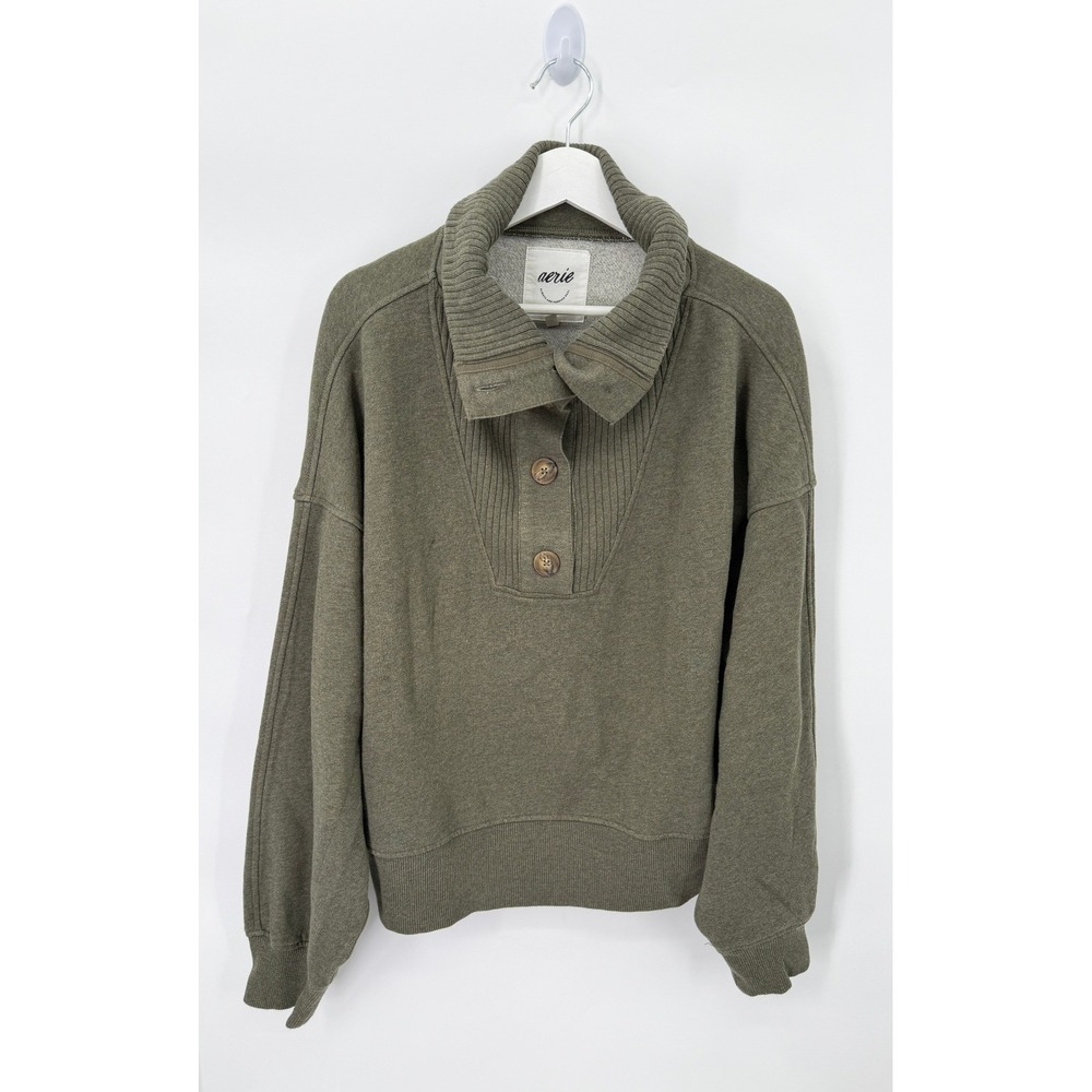 Aerie Sweatshirt Women L Green Henley Mock Neck Fleece Pullover Drop Shoulder